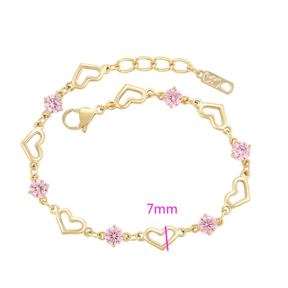 Heart Chain Bracelet CZ Pink Stone 14k Gold Plated - Picture 3 of 11